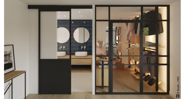 Séparation vitrée style atelier entre cuisine et salon