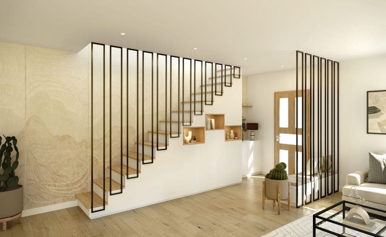 Escalier design avec claustra vertical et séparation vitrée