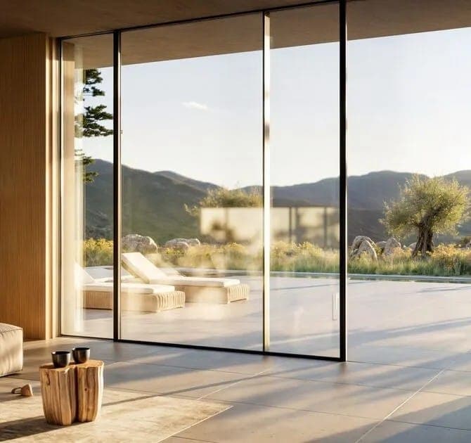 Intérieur lumineux avec baie coulissante cadrant montagnes et oliviers